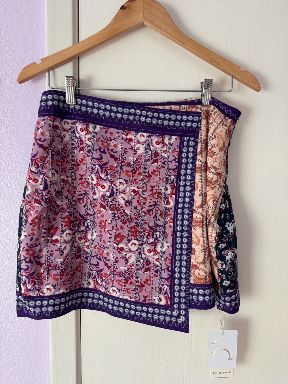 Commense Embroidered Asymmetric Floral Patchwork Wrap Skirt
